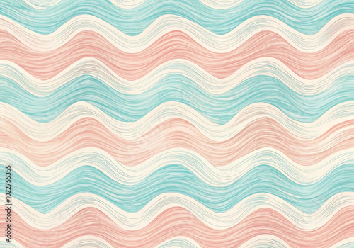 Pastel wavy zigzag pattern with soft pink, blue, and cream-colored brushstroke texture 파스텔 핑크, 블루, 크림색의 부드러운 붓터치 질감으로 이루어진 물결 지그재그 패턴