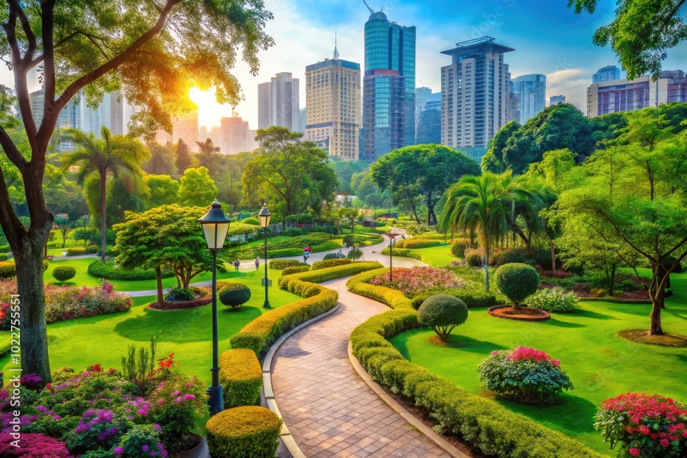 Fototapeta premium Serene Urban Park with Lush Greenery and Scenic Pathways Amidst a Bustling City Landscape