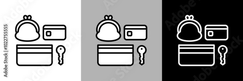 シンプルな線画の貴重品（財布、鍵、クレジットカード、通帳）のベクターアイコン。