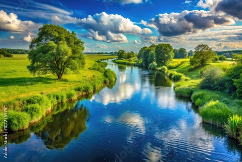 Serene View of a Tranquil River Flowing Through Lush Green Landscape in Denmark Under Clear Skies