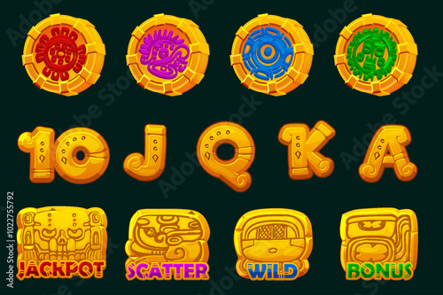 Golden set of 12 slot symbols Mayan or Aztec theme. Ui element for your gambling. Icons for 2D Games and Casino or Slots. Graphic elements for the development of slot machines