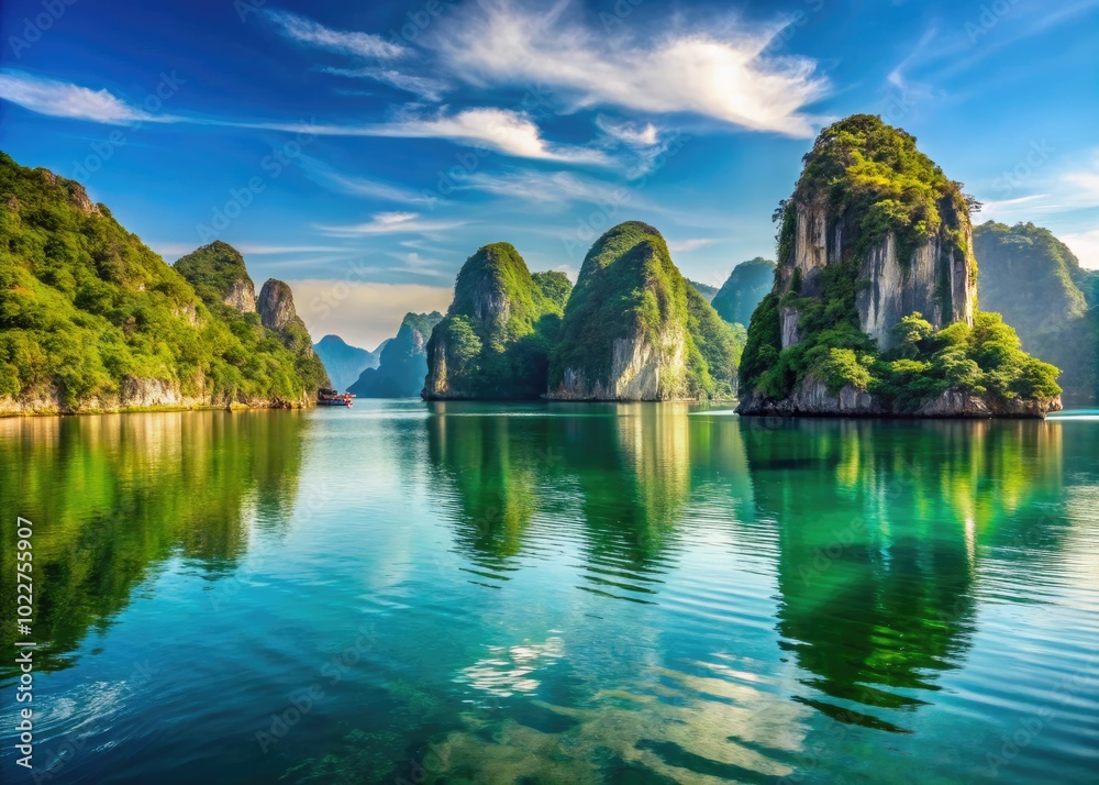 Serene View of Ha Long Bay with Majestic Limestone Karsts and Calm Waters Under Clear Blue Sky Serene View of Ha Long Bay with Majestic Limestone Karsts and Calm Waters Under Clear Blue Sky