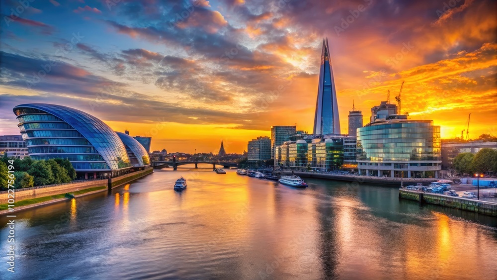 Fototapeta premium Serene View of London Riverside with Iconic Landmarks and Calm Water Reflections at Sunset