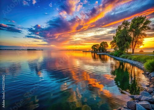 Serene View of Lake St. Clair at Sunset with Vibrant Colors Reflecting on the Calm Water Surface photo