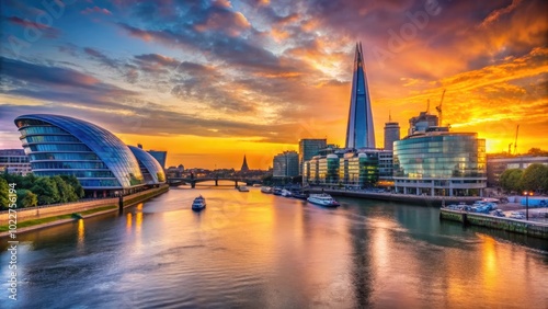 Serene View of London Riverside with Iconic Landmarks and Calm Water Reflections at Sunset