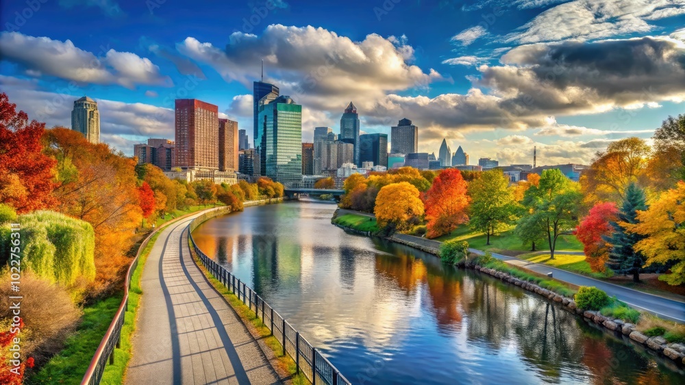Obraz premium Serene View of Schuylkill River Path Surrounded by Lush Greenery and Urban Landscape in Autumn