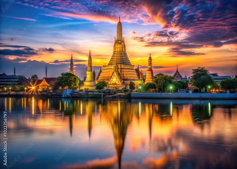 Obraz premium Serene View of Wat Arun Temple at Twilight with Vibrant Colors and Reflection on the River Surface