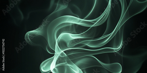 flowing shapes of green smoke rise against a black background, light, black, smoke, curve, motion, wave, pattern