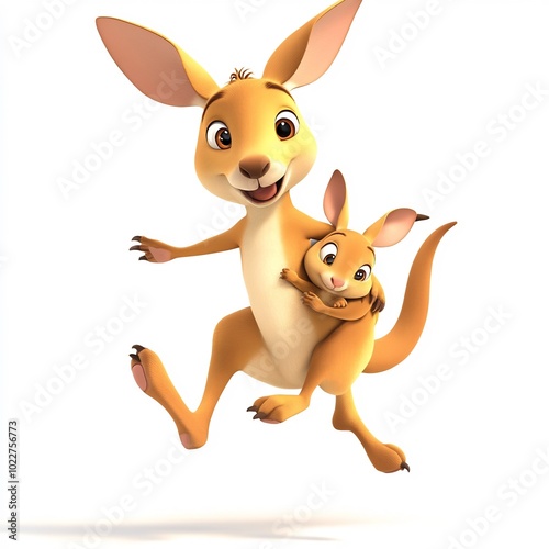 A cartoon kangaroo with a baby in its pouch, jumping on a white background photo