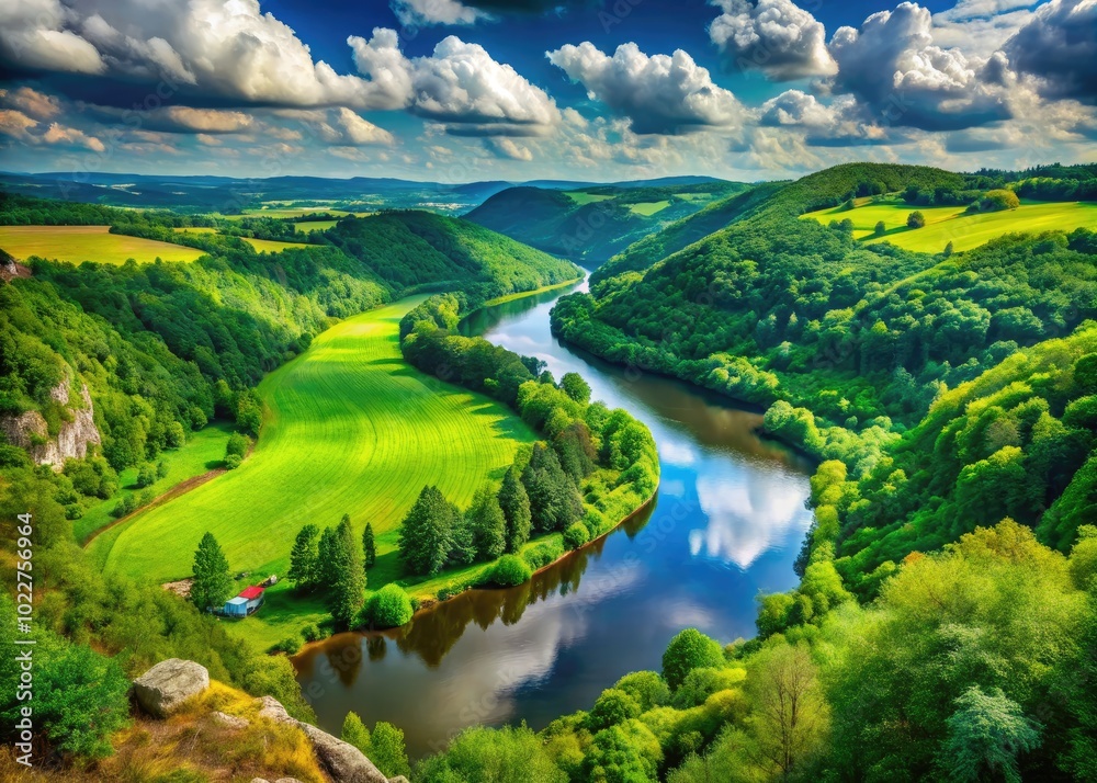 Fototapeta premium Serene Views of the Vltava River Flowing Through Lush Green Landscapes in the Czech Republic