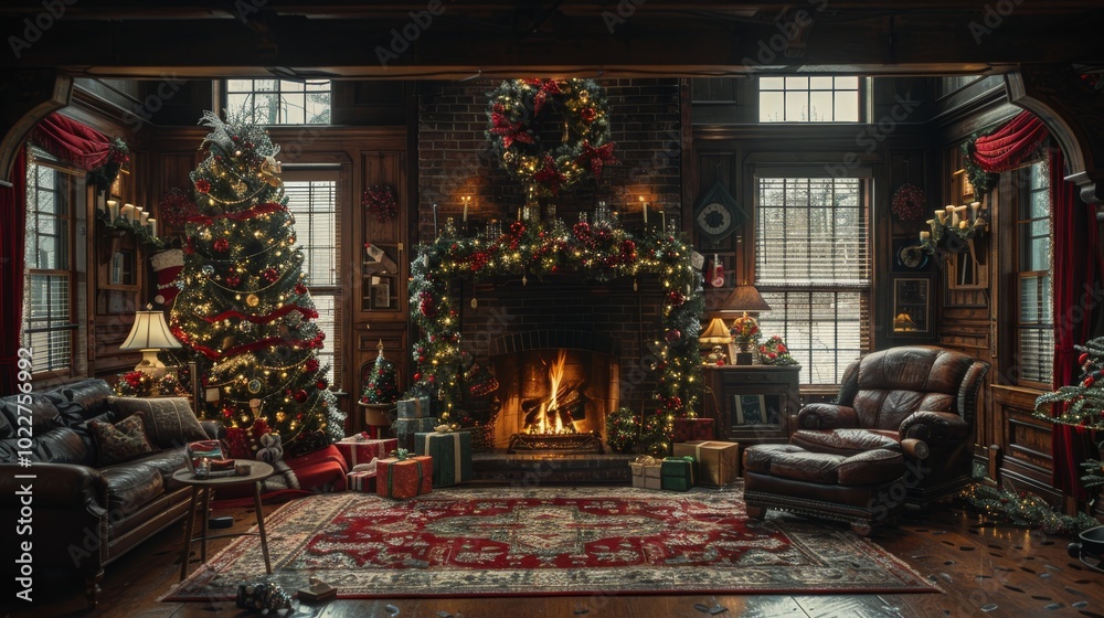 Warm family gathering around Christmas tree and brick fireplace, exchanging gifts in festive atmosphere Warm family gathering around Christmas tree and brick fireplace, exchanging gifts in festive atmosphere