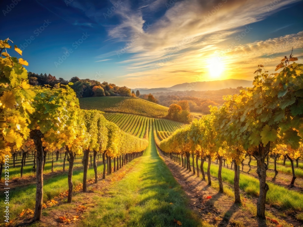 Fototapeta premium Serene Vintage Vineyard Landscape with Lush Grapevines Under a Clear Blue Sky in Golden Light