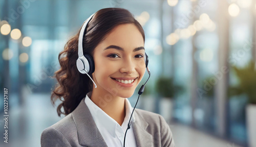 A young woman with a headset smiles confidently while assisting customers in a modern office environment