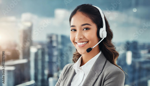 Professional woman in a headset smiling confidently while working in an office with a city skyline in the background during daylight hours