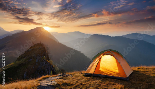 A bright orange tent sits in a serene mountain landscape at sunrise, with vibrant skies and rolling hills in the background