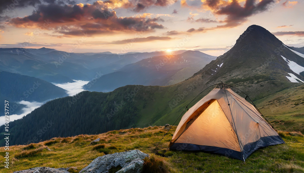 A serene camping setup at sunset overlooking mountains and valleys with a glowing tent in a scenic wilderness location A serene camping setup at sunset overlooking mountains and valleys with a glowing tent in a scenic wilderness location