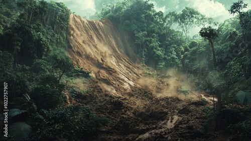 A large mudslide has cascaded down a lush, green hillside, leaving a trail of destruction.