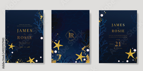 Elegant wedding invitation card background vector. Minimal hand ocean, coral, starfish on navy blue background. Design illustration for wedding, vip cover, poster, rsvp modern card.