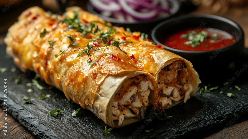Two cheesy chicken enchiladas served on a slate plate with a side of red sauce and onion slices. Two cheesy chicken enchiladas served on a slate plate with a side of red sauce and onion slices.