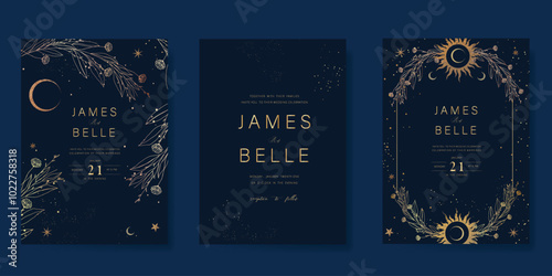 Luxury invitation card design vector set. Elegant wedding card with little star moon and foliage decorative on navy blue background. Design illustration for cover, poster, gala.