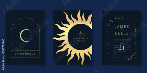 Luxury invitation card design vector set. Elegant wedding card with little star moon sun and space decorative on navy blue background. Design illustration for cover, poster, gala.