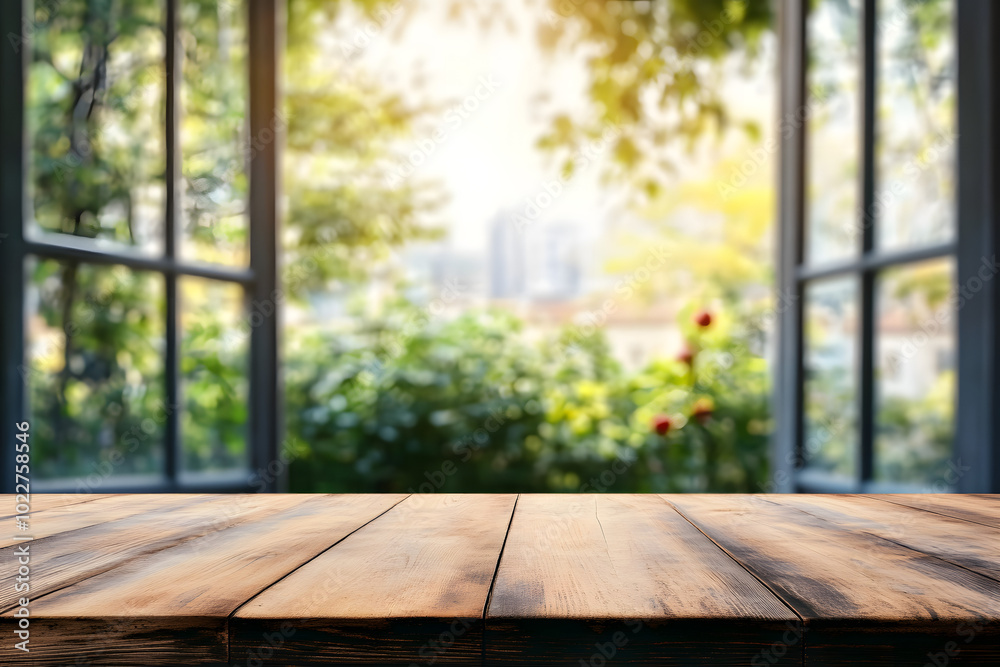 Empty wooden table top with blurred green garden open door background for product display Empty wooden table top with blurred green garden open door background for product display