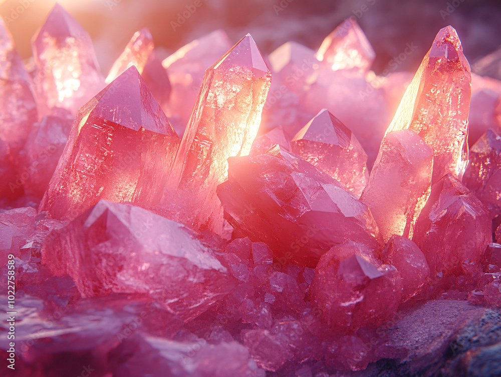 a crystal formation with a warm glow. The crystals are pink and are surrounded by a purple substance. a crystal formation with a warm glow. The crystals are pink and are surrounded by a purple substance.