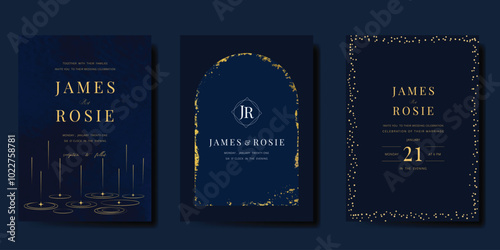 Luxury invitation card design vector set. Elegant wedding card with little star decorative, gold foil texture on watercolor navy blue background. Design illustration for cover, poster, gala.