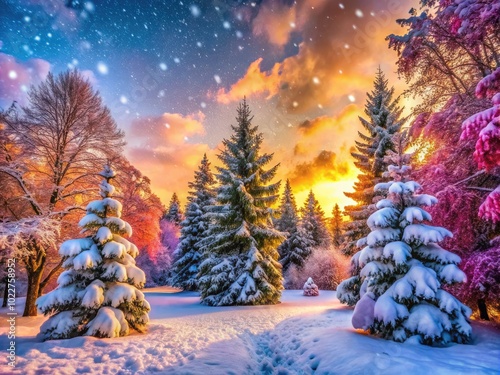 Serene Winter Wonderland Landscape with Snow-Covered Trees and Softly Falling Snowflakes in Nature