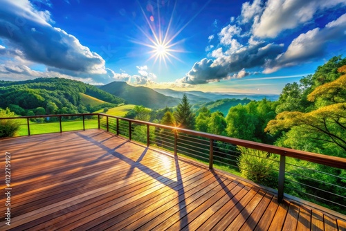 Serene Wooden Deck Overlooking a Lush Green Landscape Under Clear Blue Skies and Bright Sunlight