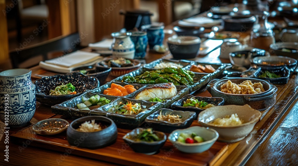 A beautifully arranged spread of various dishes on a wooden table, showcasing a mix of vibrant colors and textures in a traditional dining setting. A beautifully arranged spread of various dishes on a wooden table, showcasing a mix of vibrant colors and textures in a traditional dining setting.