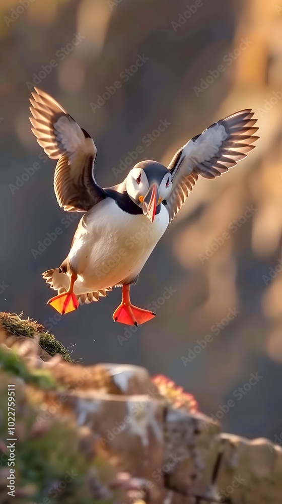 Obraz premium Cute Puffin Fratercula arctica landing the coast ai generated image