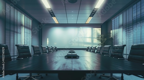 Modern corporate meeting room interior featuring an empty white billboard for presentations, surrounded by sleek office chairs, glass walls, and natural lighting.