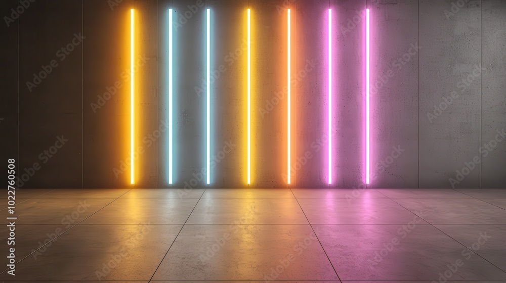 A modern wall featuring vibrant neon light strips in blue, yellow, orange, and pink, illuminating a polished concrete floor.