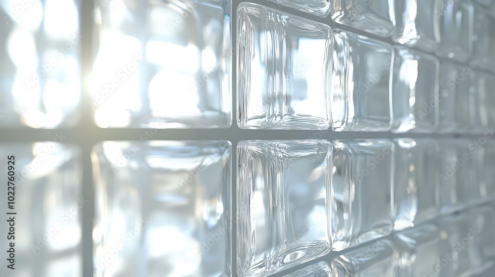 A detailed shot of glass bricks arranged in a wall, capturing the unique texture and light refraction they create in a bright space A detailed shot of glass bricks arranged in a wall, capturing the unique texture and light refraction they create in a bright space