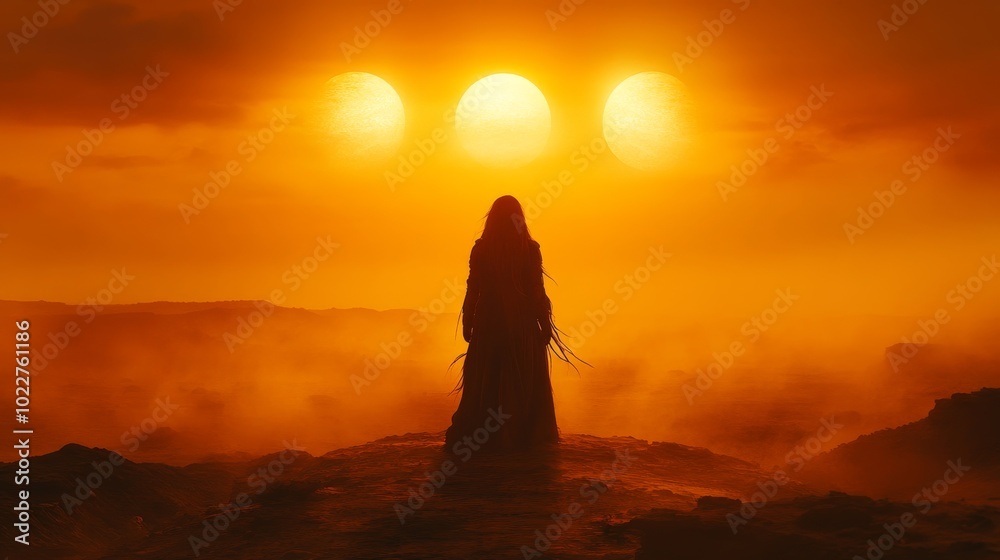 Silhouette of a woman standing on a desert planet with three suns in a glowing orange sky Silhouette of a woman standing on a desert planet with three suns in a glowing orange sky