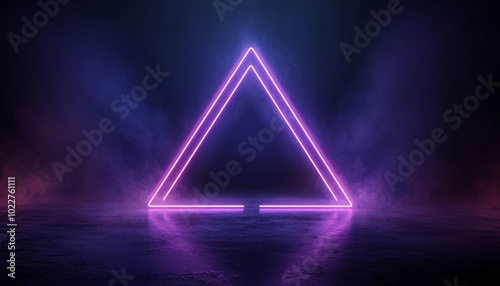 A glowing neon triangle illuminated against a dark, misty background, creating a modern and futuristic ambiance.