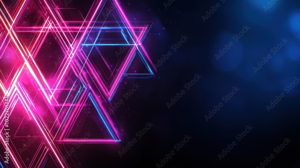 A vibrant display of neon geometric shapes in pink and blue against a dark background, evoking a futuristic and modern aesthetic. A vibrant display of neon geometric shapes in pink and blue against a dark background, evoking a futuristic and modern aesthetic.