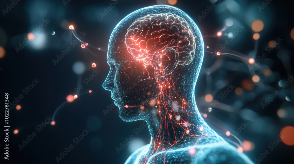 image depicts glowing, digital representation of human head, showcasing neural connections and brain. This visualization emphasizes complexity of human nervous system and brain activity, evoking image depicts glowing, digital representation of human head, showcasing neural connections and brain. This visualization emphasizes complexity of human nervous system and brain activity, evoking