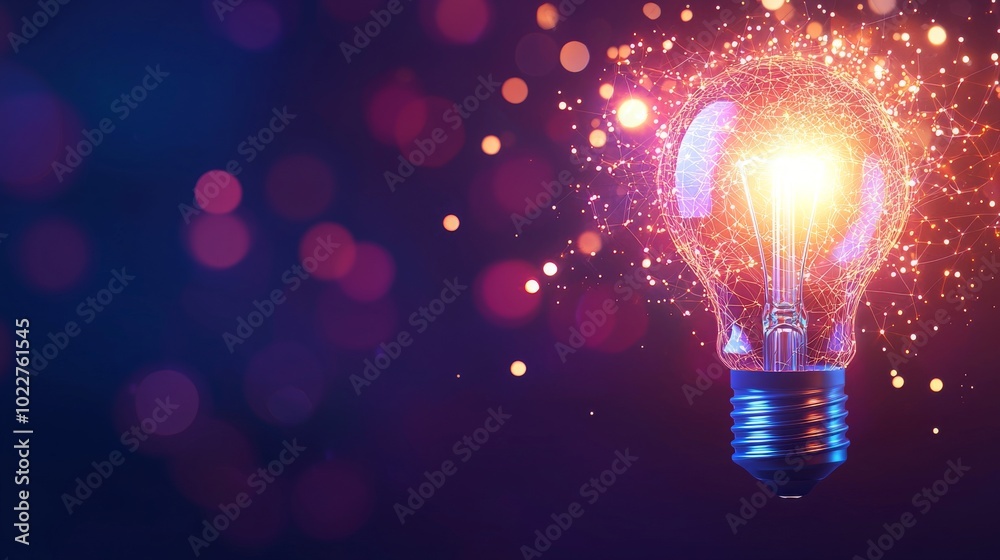 A vibrant lightbulb radiates energy, surrounded by glowing particles on a dark background, symbolizing creativity and innovation. A vibrant lightbulb radiates energy, surrounded by glowing particles on a dark background, symbolizing creativity and innovation.