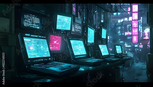 A cyberpunk-style room with multiple computers and a city view at night