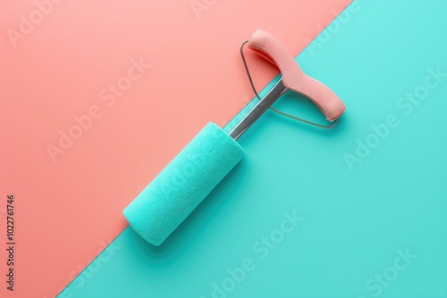 A paint roller rests on a vibrant pink and turquoise surface, showcasing its design and functionality