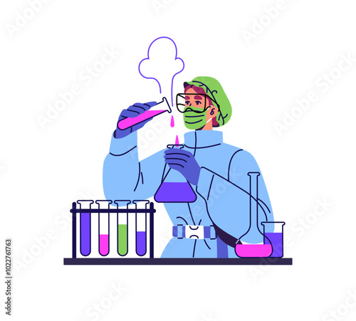 Science lab worker analysis chemical reaction in laboratory. Scientist does medical research, discovers remedy. Chemist pours from tube into flask. Flat isolated vector illustration on white