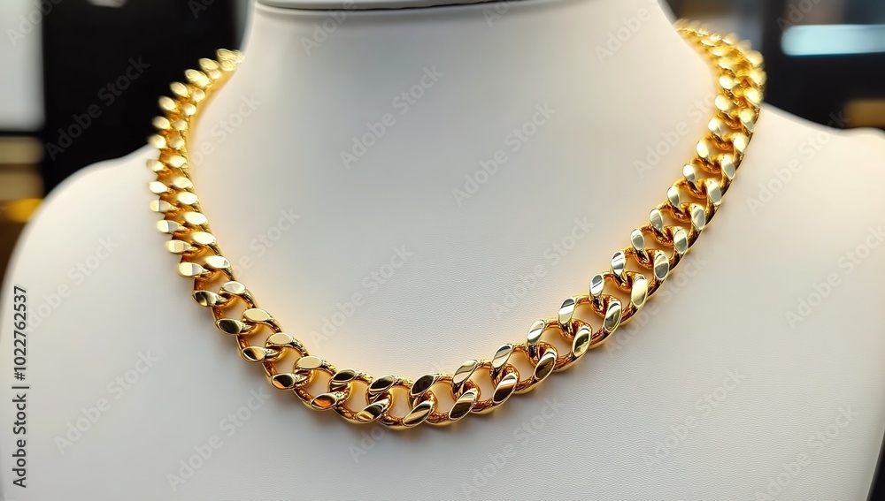 A gold chain necklace on display, showcasing its shiny yellow surface and elegant design. A gold chain necklace on display, showcasing its shiny yellow surface and elegant design.
