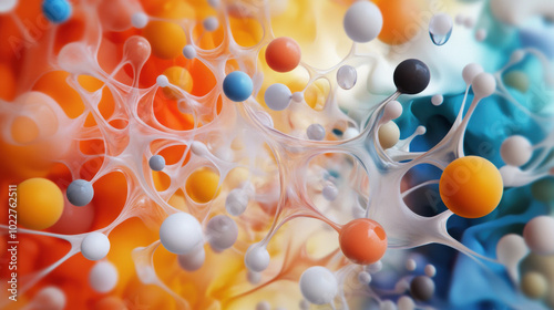 artistic representation of combinatorial chemistry, showcasing vibrant colors and intricate structures. image captures dynamic interplay of molecules and their connections, evoking sense of photo