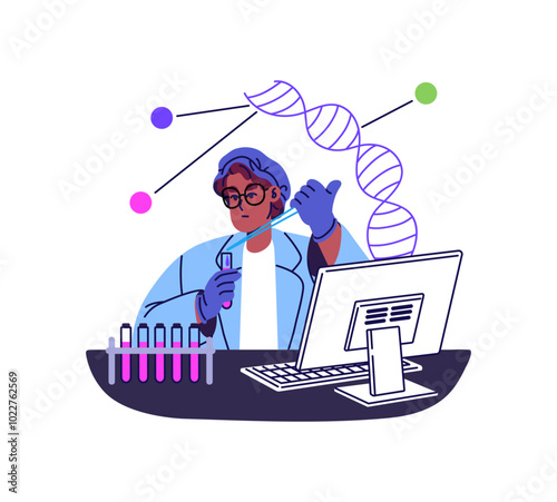 Medical worker in uniform analysis DNA spiral in chemical lab. Scientist does scientific research, tests in science laboratory. Chemist works with tubes. Flat isolated vector illustration on white