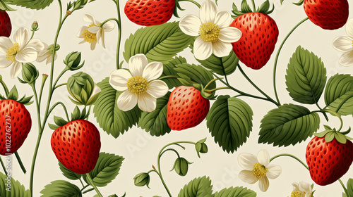 Strawberry and flower pattern on white background