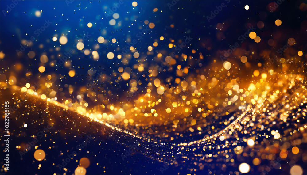 Naklejka premium Sparkling golden and blue background with shimmering particles creating a magical atmosphere during a festive celebration