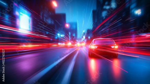 A vibrant night scene showcasing a fast-moving car amidst colorful city lights, emphasizing speed and urban energy.