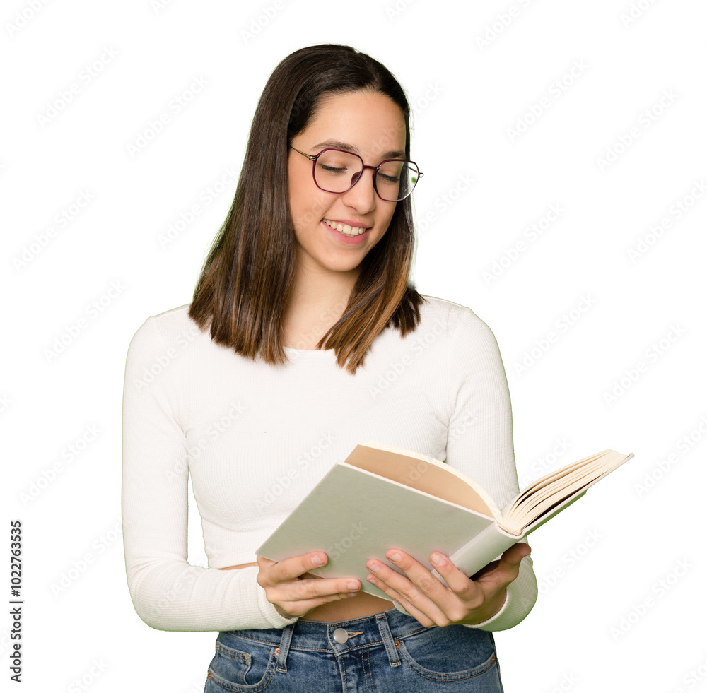 Smiling attractive beautiful pretty young brunette woman 20s wearing posing standing holding in hands reading book over transparent background. Smiling attractive beautiful pretty young brunette woman 20s wearing posing standing holding in hands reading book over transparent background.